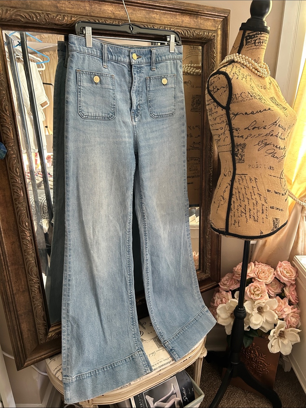 J.CREW • Sailor Wide Leg Trousers Gold Buttons Patch Pockets Jeans - High Rise - Picture 3 of 16